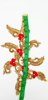 Thumbnail for Hand Embroidered Zardozi Floral Applique in Red and Antique Gold, Wedding Dress Applique,Sari Blouse Applique
