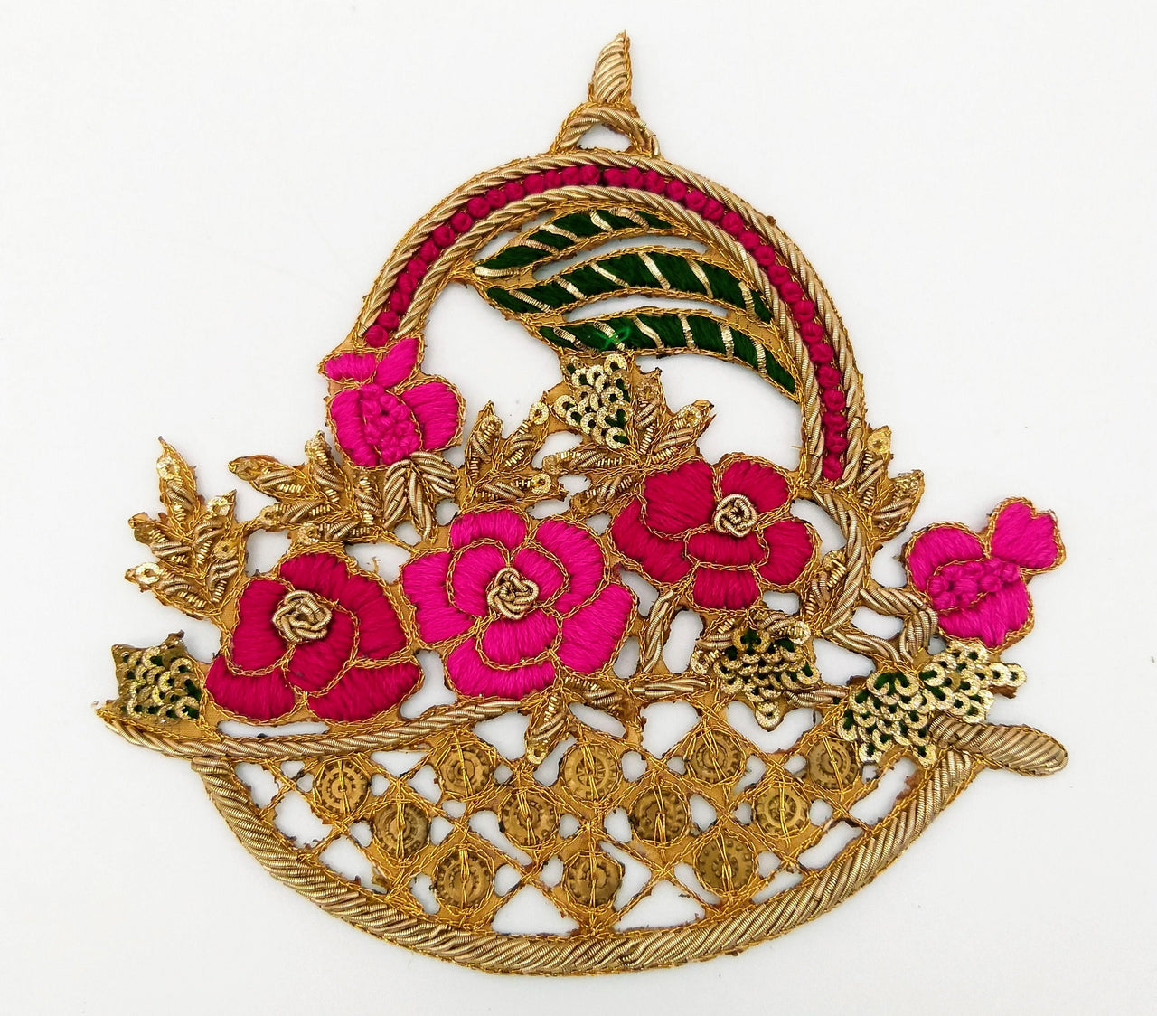 Hand Embroidered Zardozi Flower Basket Applique in Fuchsia,Dark Pink and Antique Gold with Gold Sequins