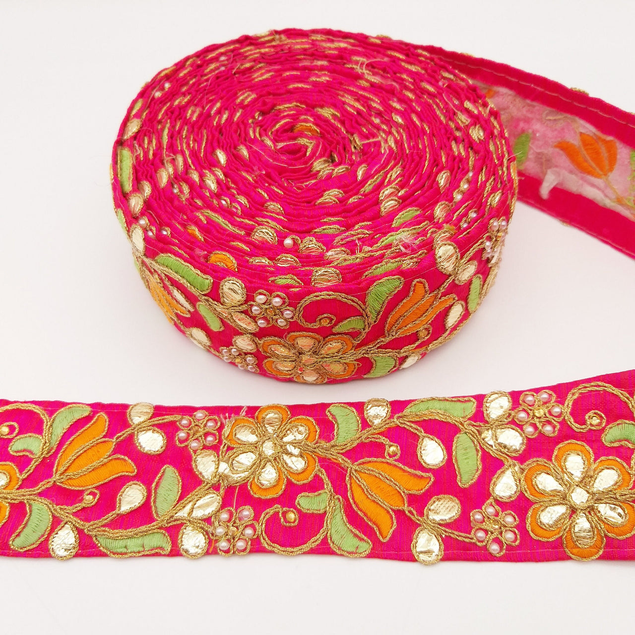 Dark Pink Fabric Trim In Green, Orange & Gold Floral Embroidery, Beaded Gota Patti