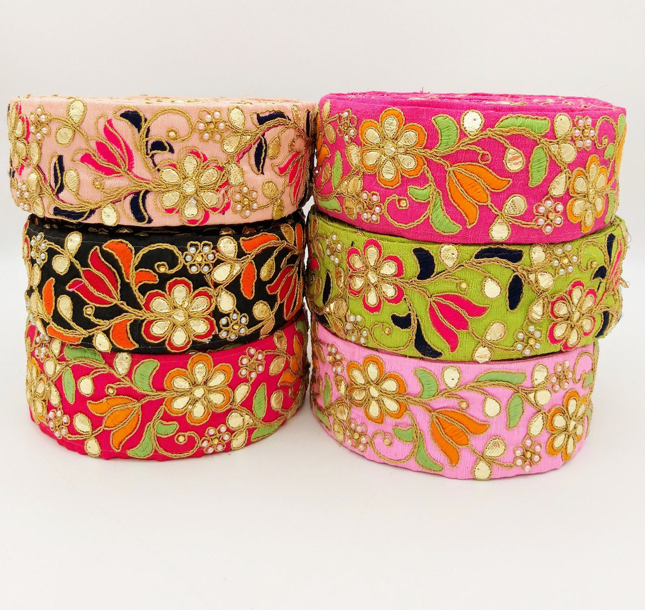 Dark Pink Fabric Trim In Green, Orange & Gold Floral Embroidery, Beaded Gota Patti