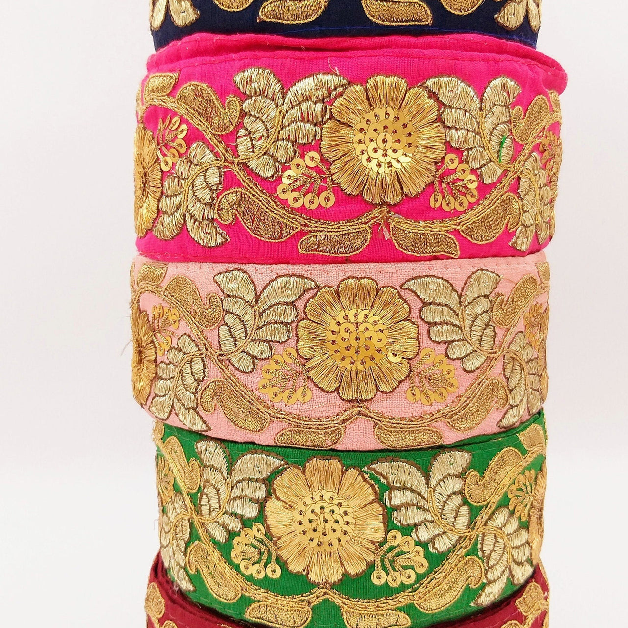 Fuchsia Pink Art Silk Trim In Gold Floral Embroidery, Gold Embroidered Flowers Border, Floral Trim