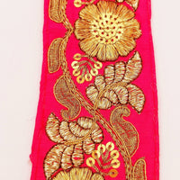 Thumbnail for Fuchsia Pink Art Silk Trim In Gold Floral Embroidery, Gold Embroidered Flowers Border, Floral Trim