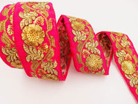 Thumbnail for Fuchsia Pink Art Silk Trim In Gold Floral Embroidery, Gold Embroidered Flowers Border, Floral Trim