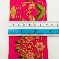 Thumbnail for Pink Art Silk Trim With Floral Embroidery & Sequins, Red, Green And Gold Flower Embroidered Trim