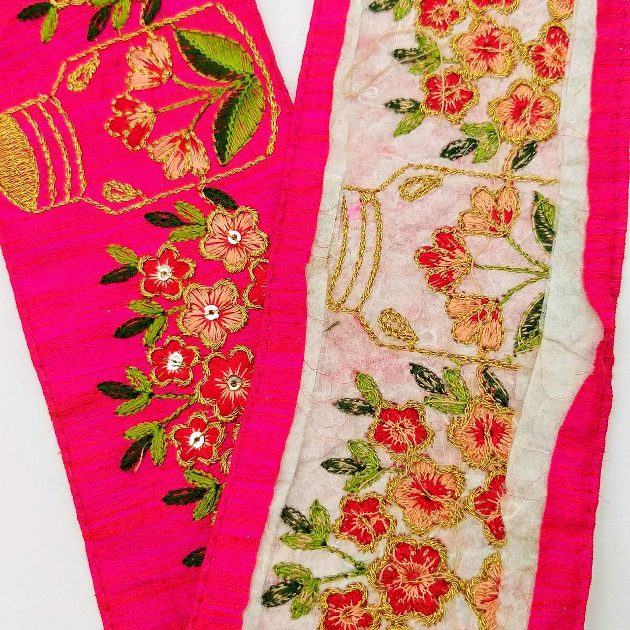 Pink Art Silk Trim With Floral Embroidery & Sequins, Red, Green And Gold Flower Embroidered Trim
