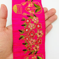 Thumbnail for Pink Art Silk Trim With Floral Embroidery & Sequins, Red, Green And Gold Flower Embroidered Trim