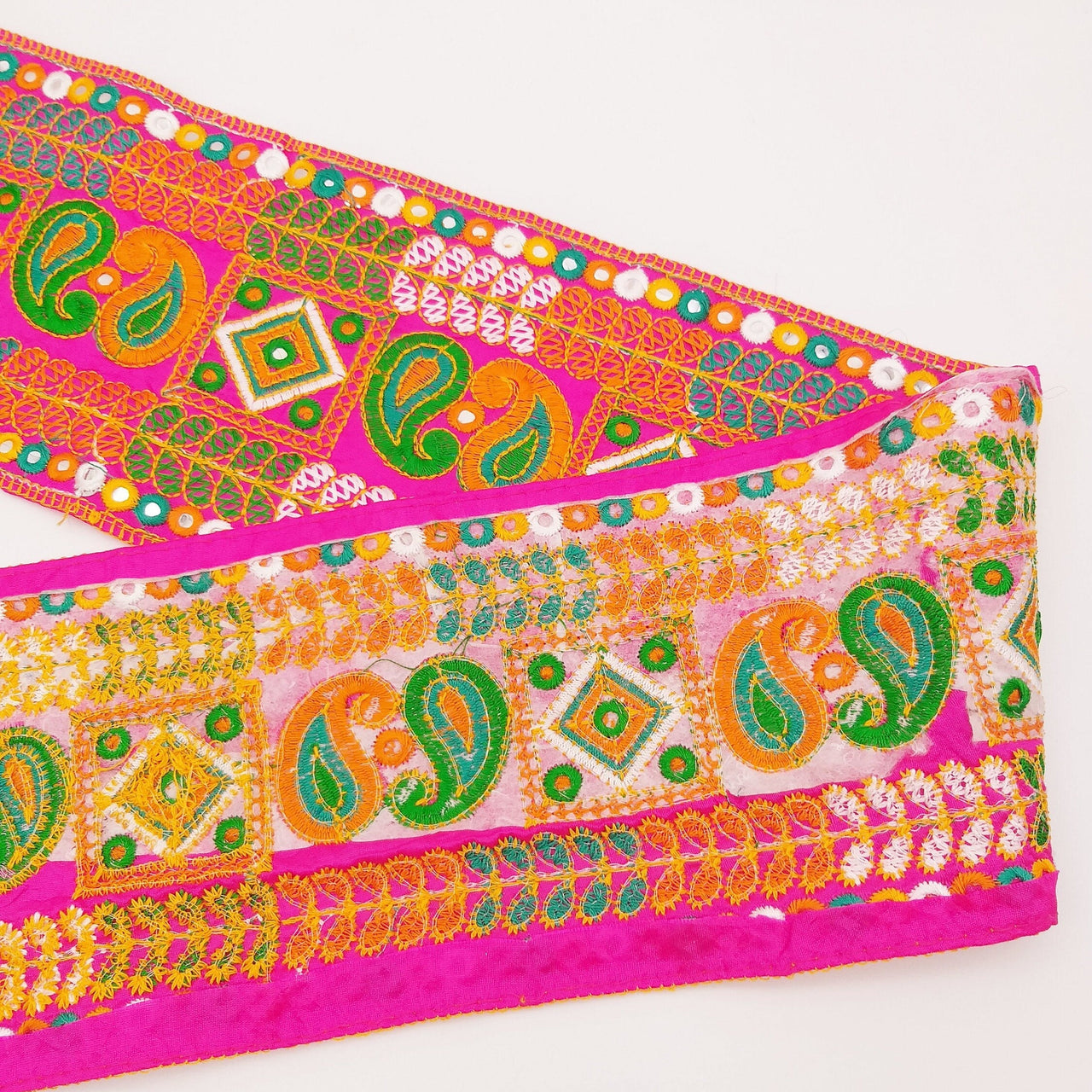Fuchsia Pink Art Silk Fabric Trim, Paisley Embroidered Trim, Trim By The Yard