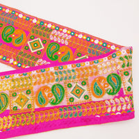 Thumbnail for Fuchsia Pink Art Silk Fabric Trim, Paisley Embroidered Trim, Trim By The Yard