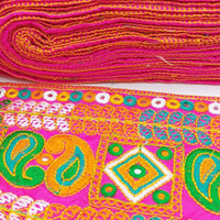 Thumbnail for Fuchsia Pink Art Silk Fabric Trim, Paisley Embroidered Trim, Trim By The Yard