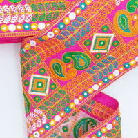 Thumbnail for Fuchsia Pink Art Silk Fabric Trim, Paisley Embroidered Trim, Trim By The Yard