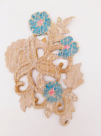Thumbnail for Antique Gold and Blue Embroidered Flower Applique Patch, Floral Applique, Floral Motif