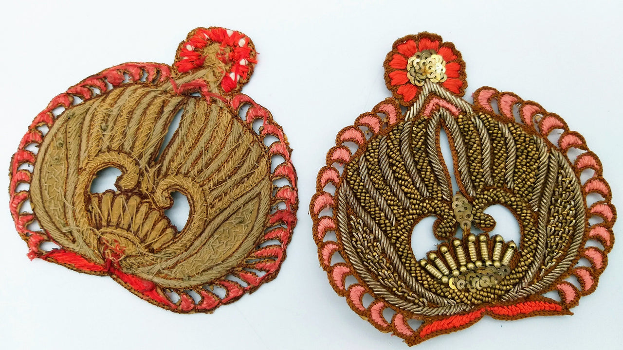 Embroidered Applique With Gold Zardozi Embroidery, Beads and Sequins, Blush Pink And Orange Appliqué Patch