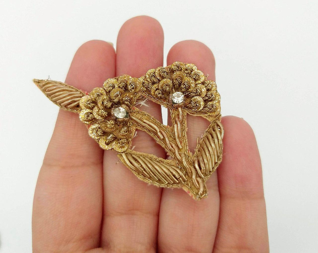 Hand Embroidered Floral Applique Antique Gold With Bullion Wire Zardozi Embroidery Motif, 3 pcs
