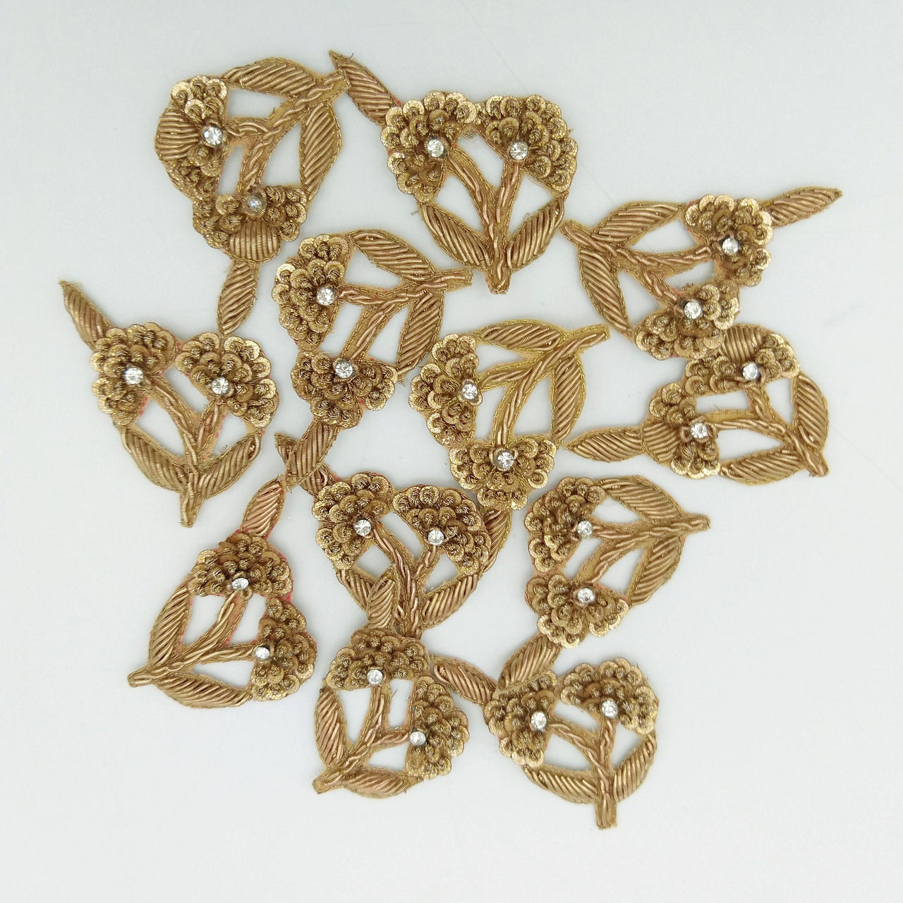 Hand Embroidered Floral Applique Antique Gold With Bullion Wire Zardozi Embroidery Motif, 3 pcs