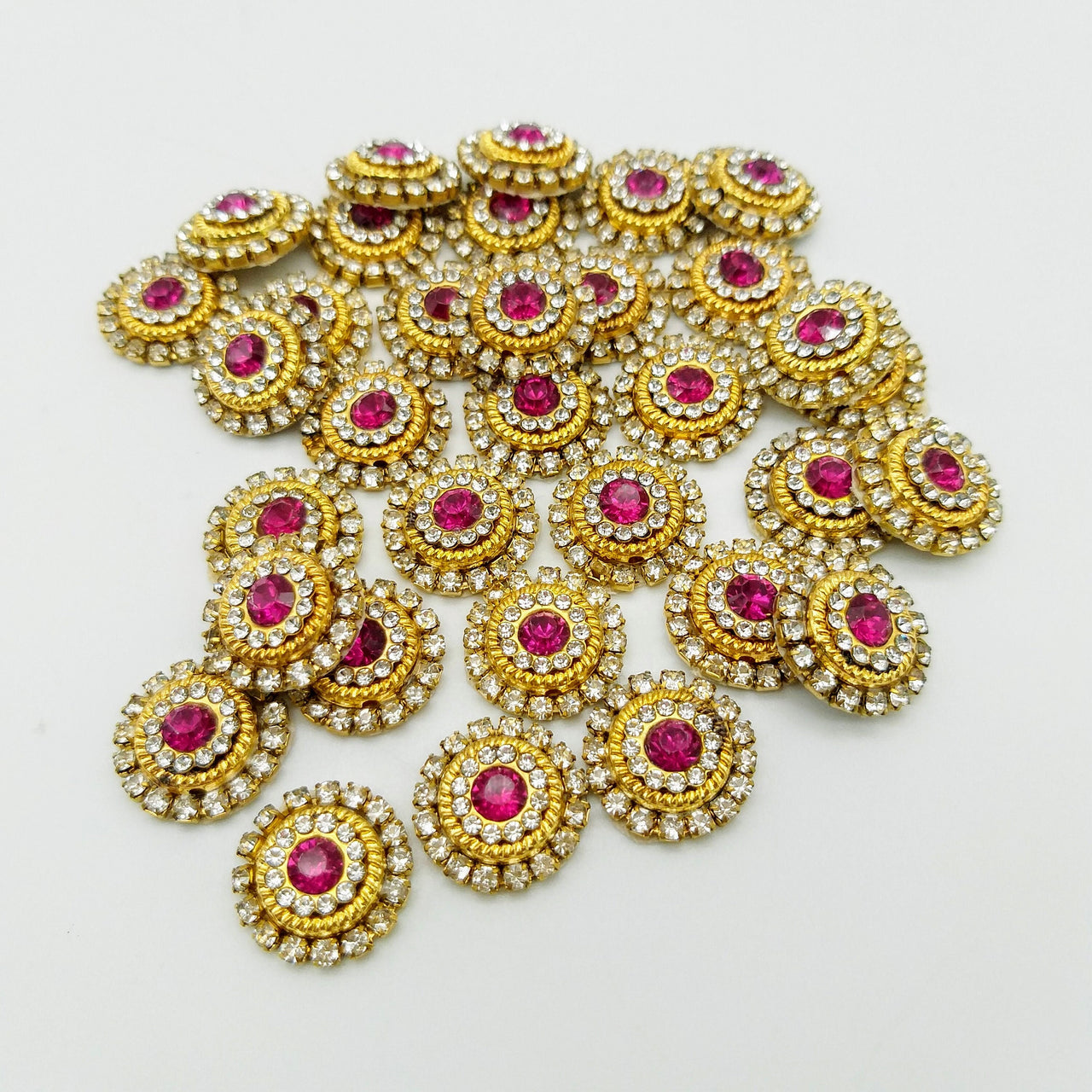 10 Dark Pink and Diamante Rhinestones Gold Tiny Round Appliques, Beaded Applique, Headband Applique