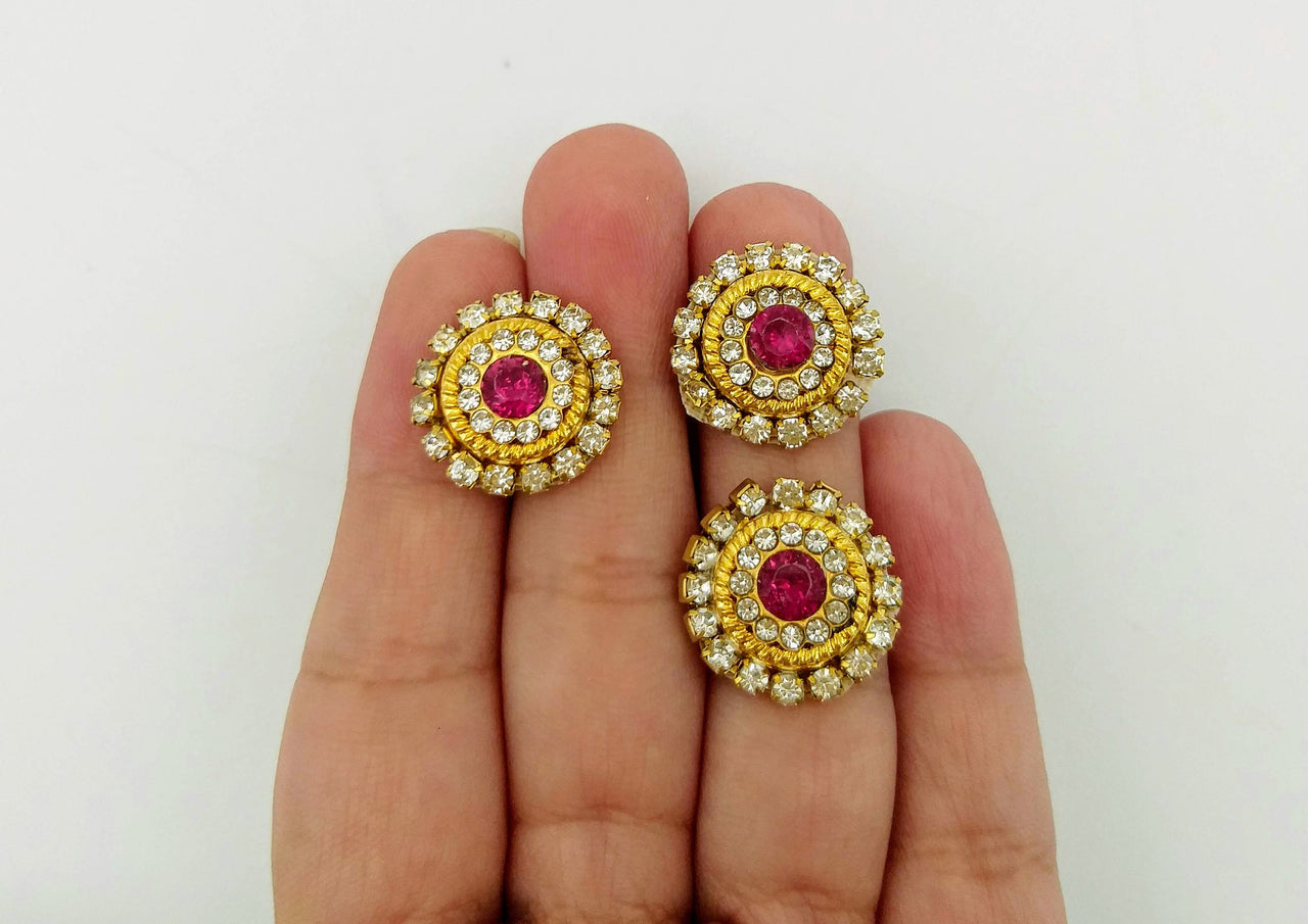10 Dark Pink and Diamante Rhinestones Gold Tiny Round Appliques, Beaded Applique, Headband Applique
