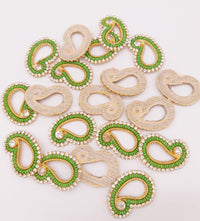 Thumbnail for 5 Paisley Appliques In Green Seed Beads and Rhinestones, Gold Tiny Paisley Appliques, Beaded Applique