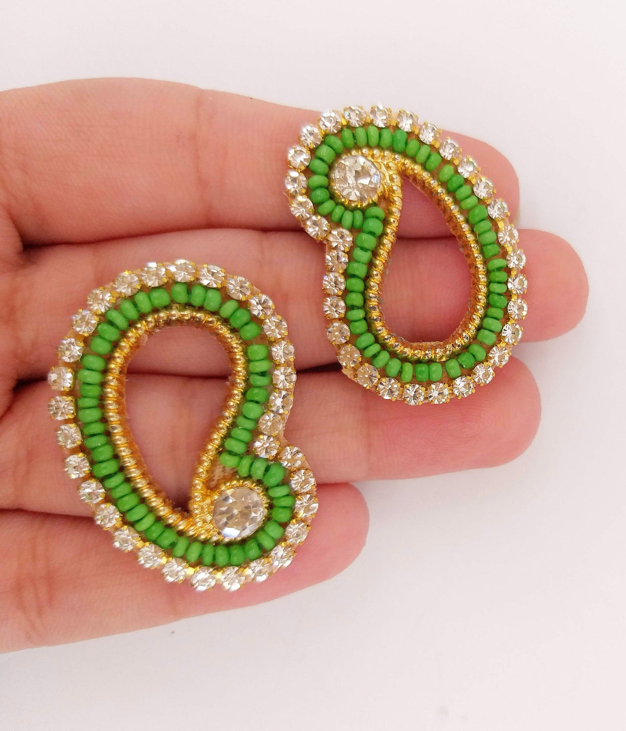 5 Paisley Appliques In Green Seed Beads and Rhinestones, Gold Tiny Paisley Appliques, Beaded Applique