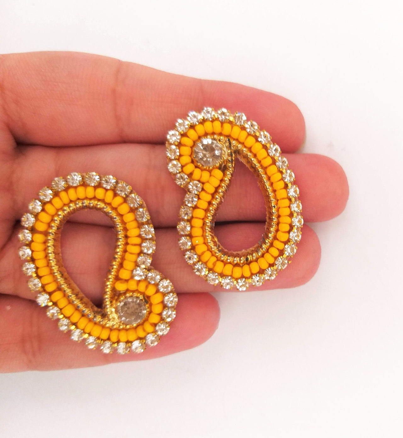 5 Paisley Appliques In Yellow Seed Beads and Rhinestones, Gold Paisley Appliques, Beaded Applique