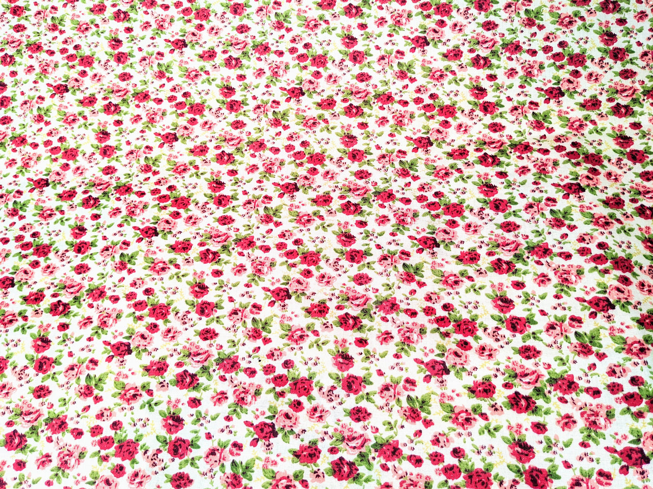 Cream Poly Cotton Pink Rose Fabric, Floral Fabric, Small Print Fabric Small Flower Fabric Floral Print Fabric Quilting Fabric