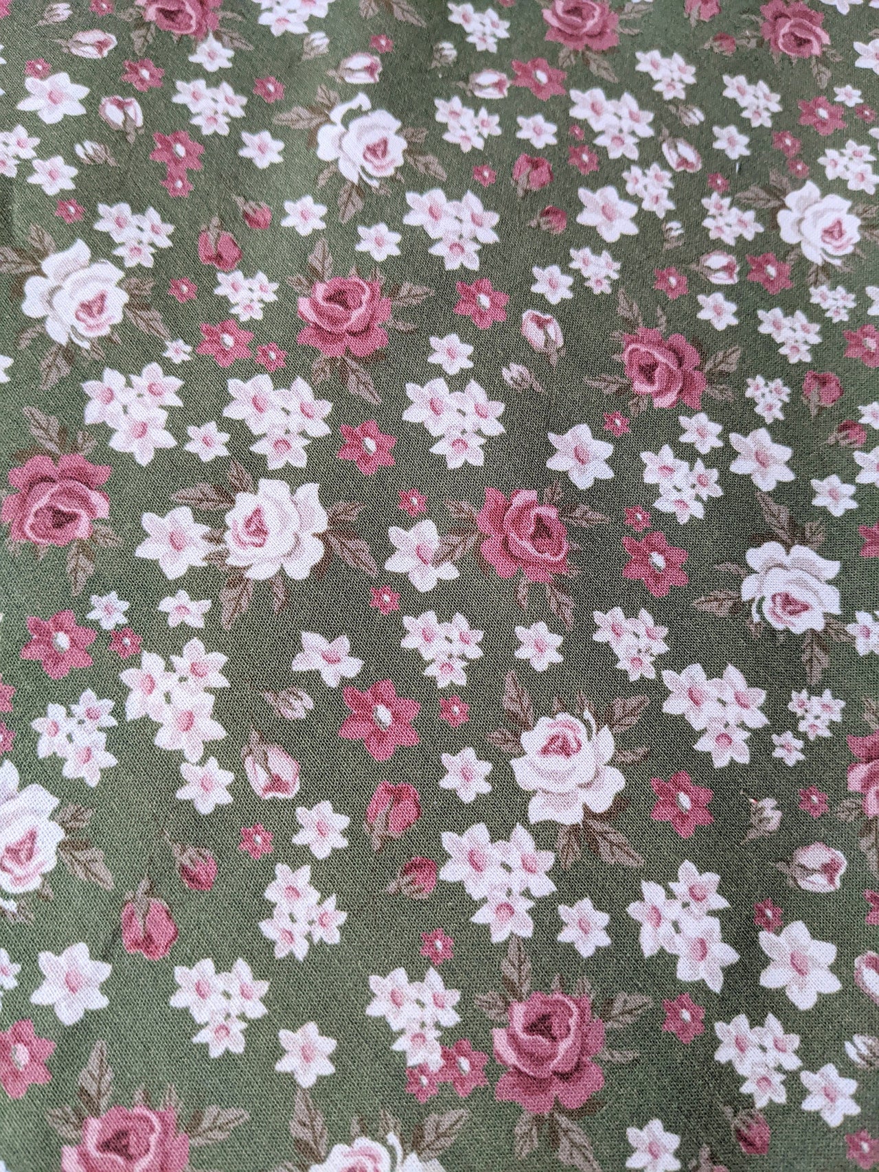 Green And Pink Fabric, 100 % Cotton Rose Floral Fabric, Roses Flower Fabric