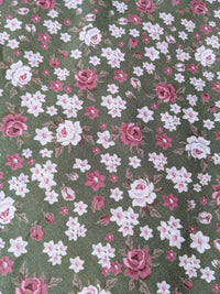 Thumbnail for Green And Pink Fabric, 100 % Cotton Rose Floral Fabric, Roses Flower Fabric
