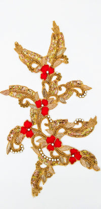 Thumbnail for Hand Embroidered Zardozi Floral Applique in Red and Antique Gold, Wedding Dress Applique,Sari Blouse Applique