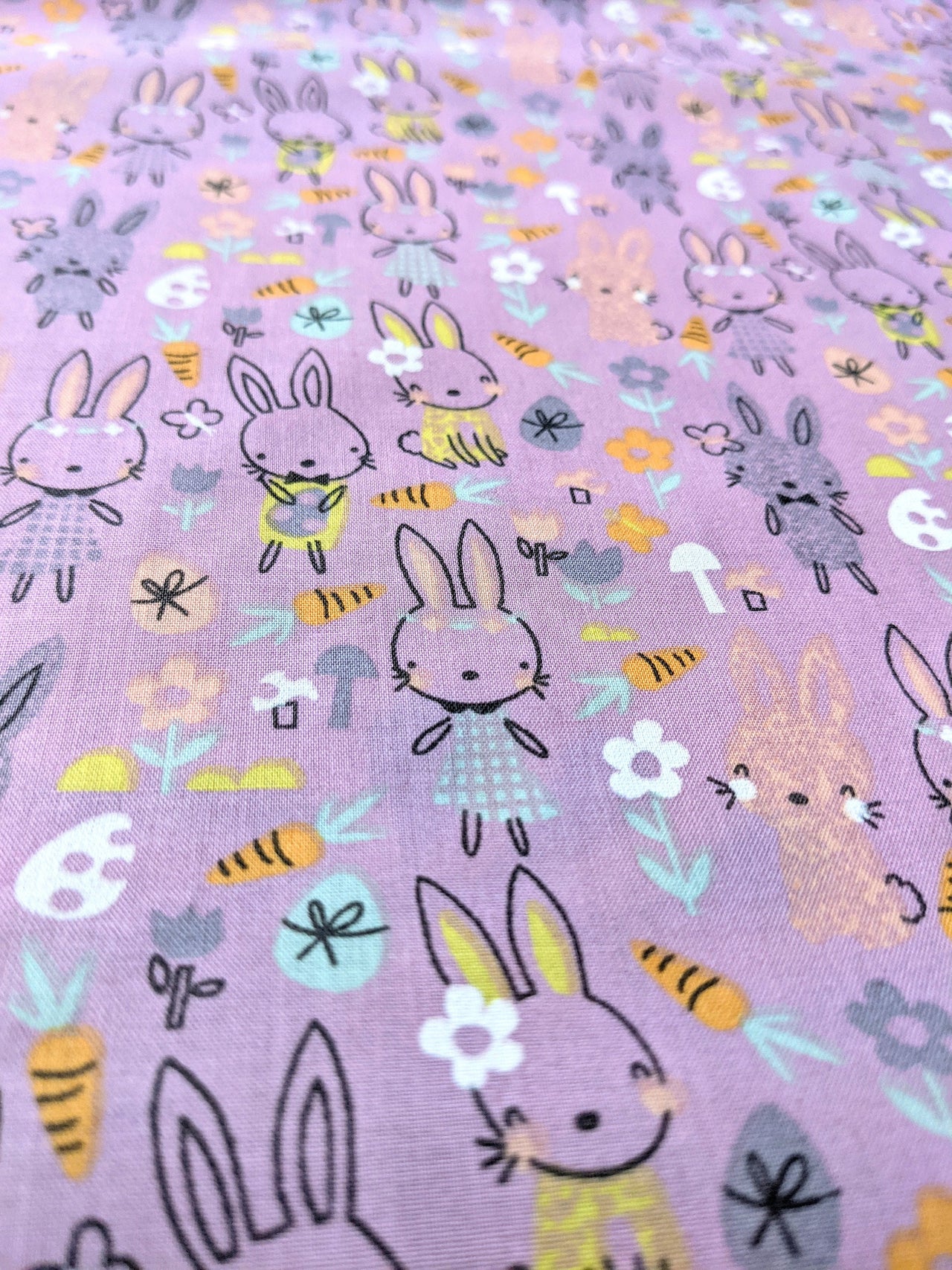 Lilac Purple Sally Polycotton Spring Bunny Rabbit Easter Fabric, Festive Fabric, Holiday Fabric