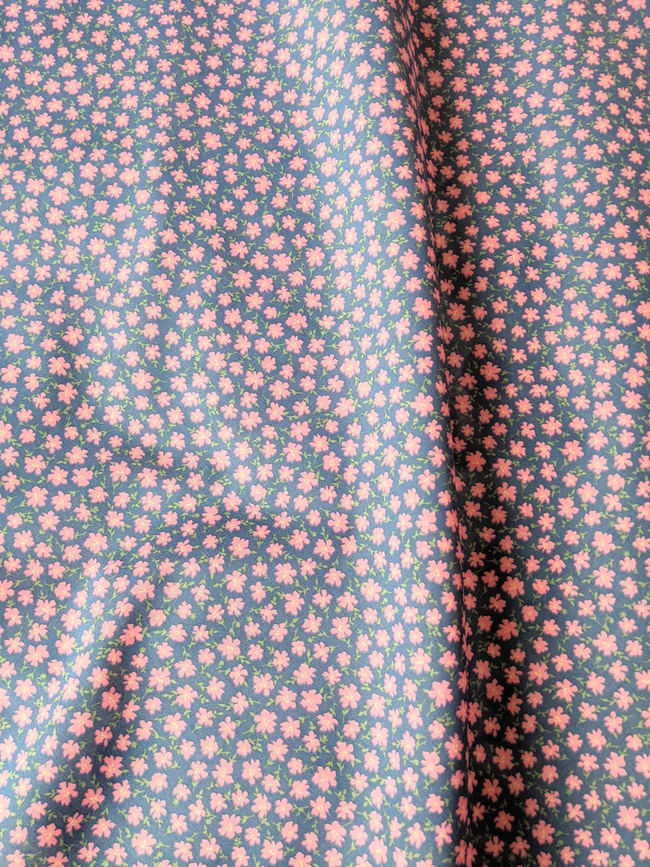 Blue Poly Cotton Fabric, Pink Flower Garden Fabric, Floral Fabric