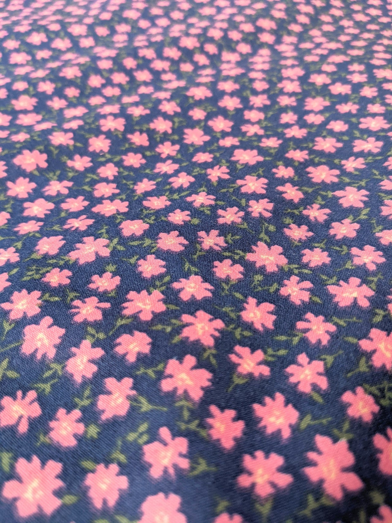 Blue Poly Cotton Fabric, Pink Flower Garden Fabric, Floral Fabric