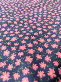 Thumbnail for Blue Poly Cotton Fabric, Pink Flower Garden Fabric, Floral Fabric