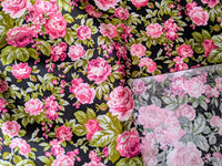 Thumbnail for Black And Pink 100 % Cotton Rose Floral Fabric, Floral Print Fabric, Roses Flower Fabric