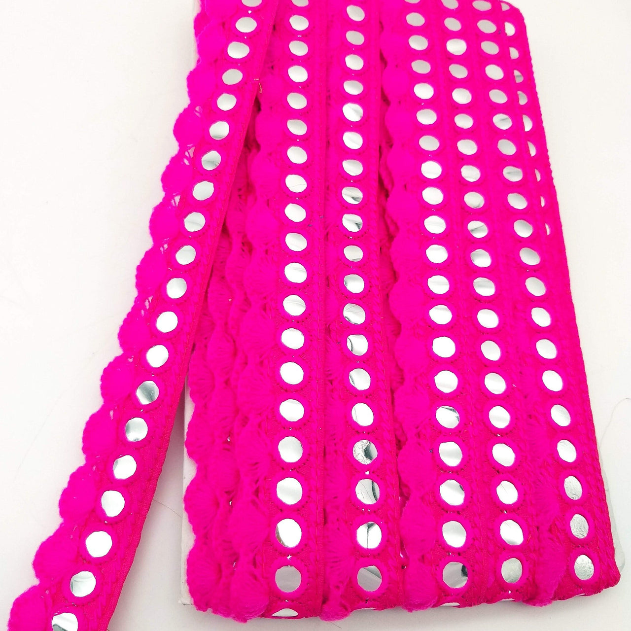 Fuchsia Pink Fringe Trim With Mirrors, Boho, Bohemian Trim