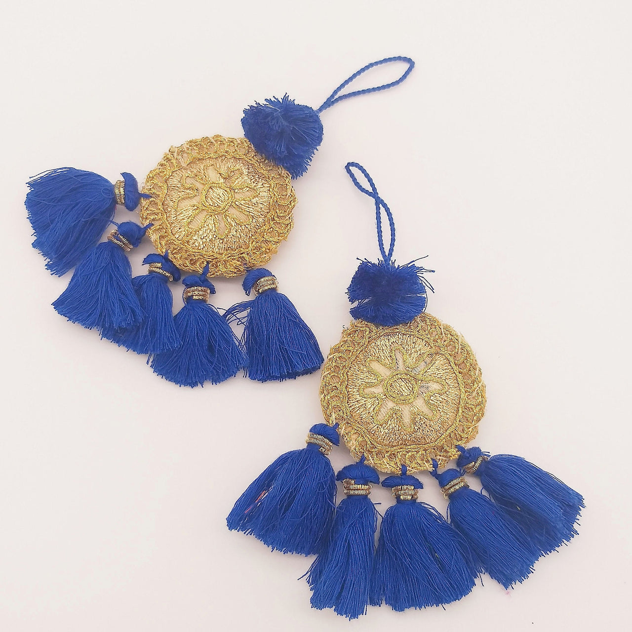 Set of 2 Embroidered Tassels, Royal Blue and Gold Tassels, Indian Tassels