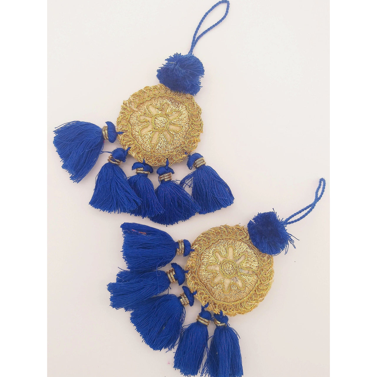 Set of 2 Embroidered Tassels, Royal Blue and Gold Tassels, Indian Tassels