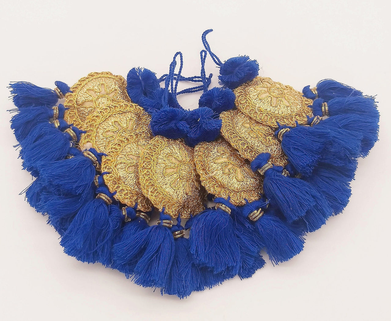 Set of 2 Embroidered Tassels, Royal Blue and Gold Tassels, Indian Tassels