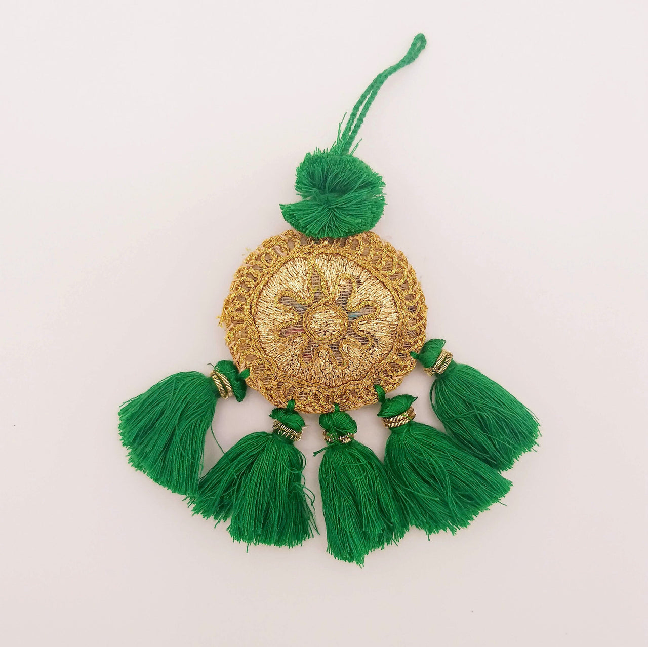 Set of 2 Embroidered Tassels, Green and Gold Tassels, Indian Tassels