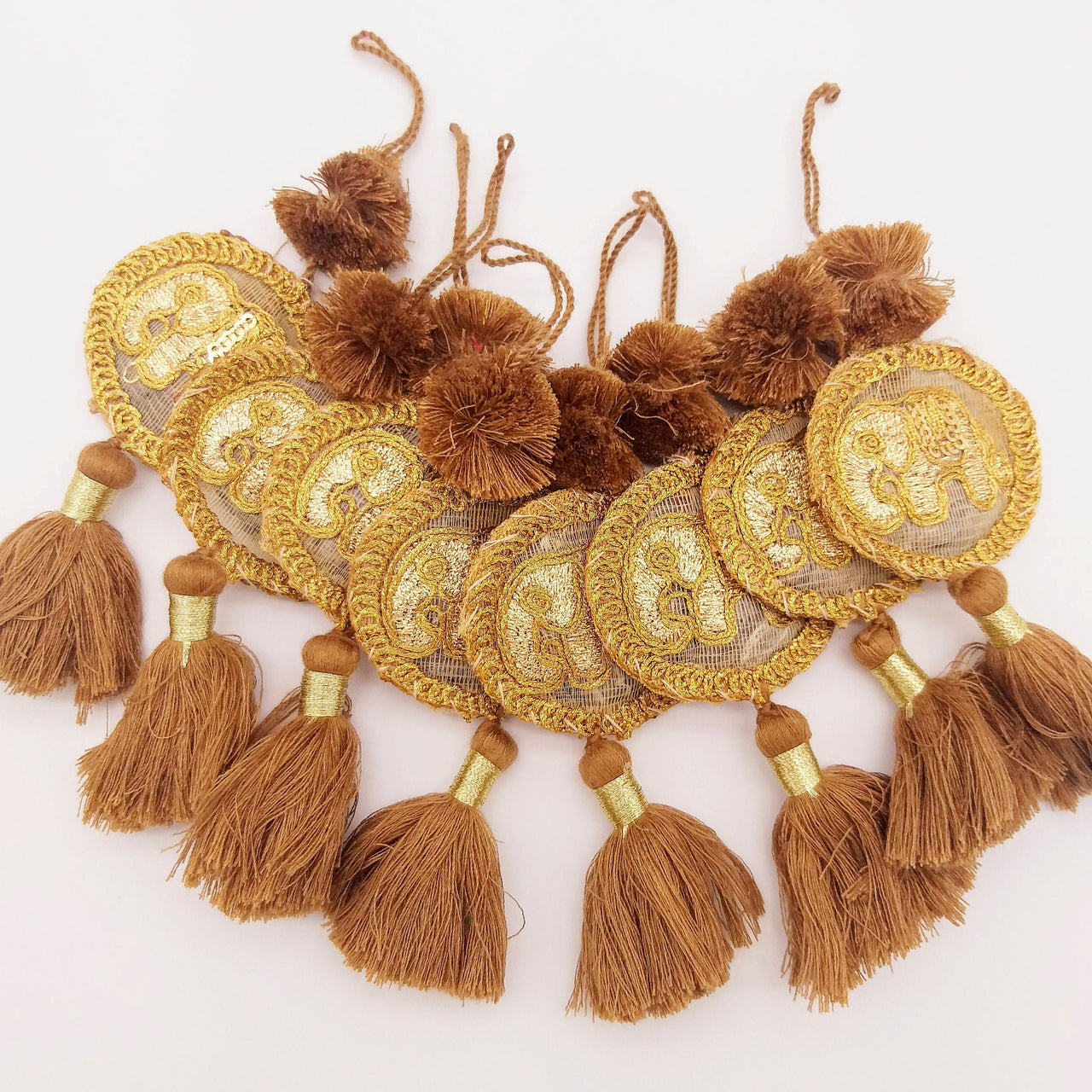 Set of 2 Hand Embroidered Tassels, Brown and Gold Tassels, Indian Tassels