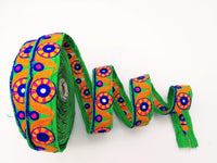 Thumbnail for Green Mirrored Fabric Trim With Orange, Yellow, Blue And Pink Embroidery