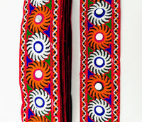 Thumbnail for Black Cotton Fabric Trim with Multicolor Embroidery and Real Mirror, Kutch Embroidery Trim, Mirror Lace