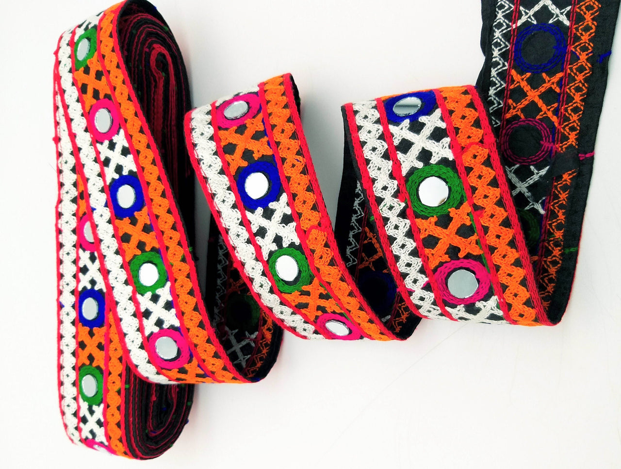 Black Cotton Fabric Trim with Multicolor Embroidery and Real Mirror, Kutch Embroidery Trim, Mirror Lace