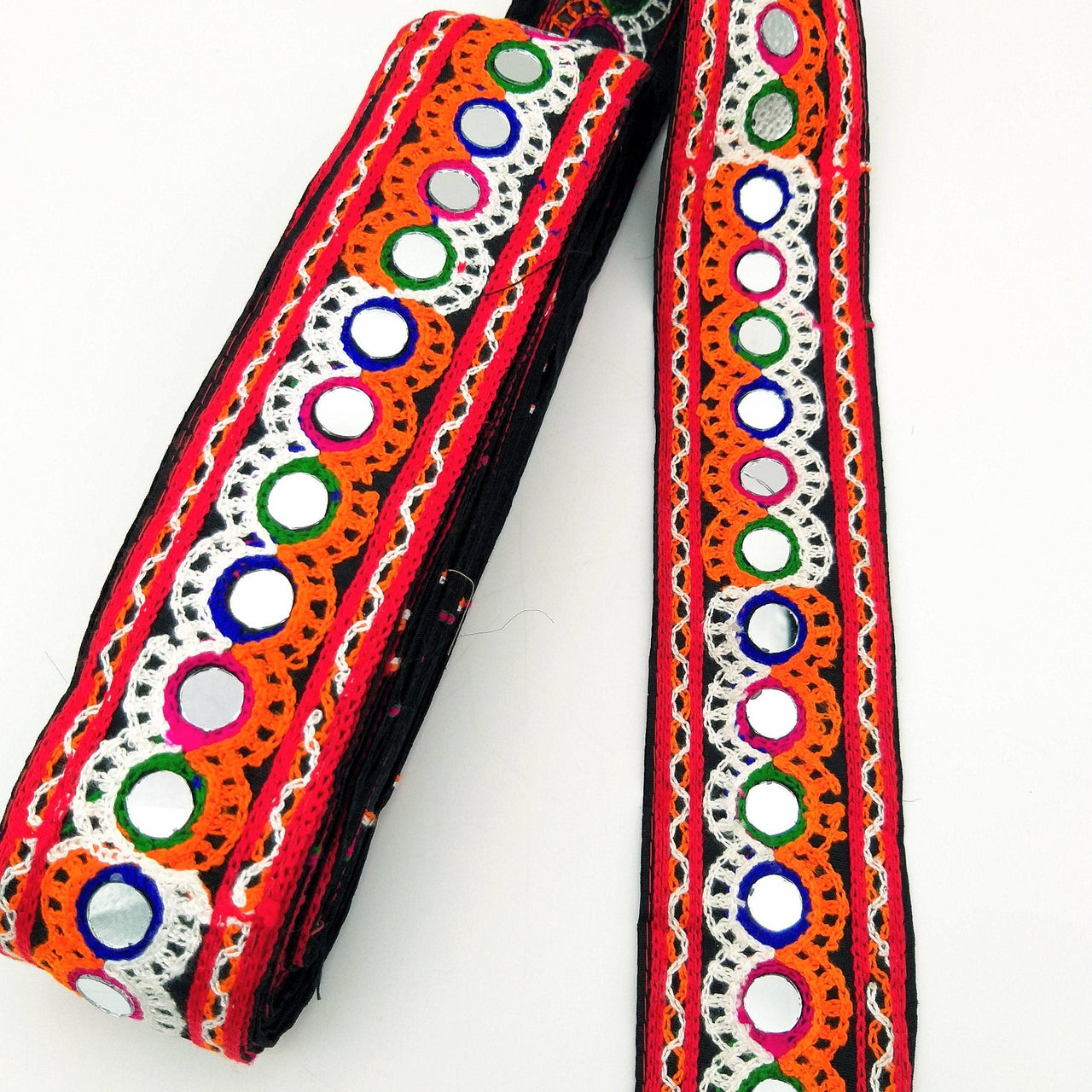Black Cotton Fabric Trim with Multicolor Embroidery and Real Mirror, Kutch Embroidery Trim, Mirror Lace