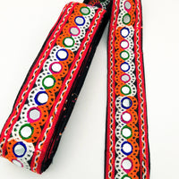 Thumbnail for Black Cotton Fabric Trim with Multicolor Embroidery and Real Mirror, Kutch Embroidery Trim, Mirror Lace