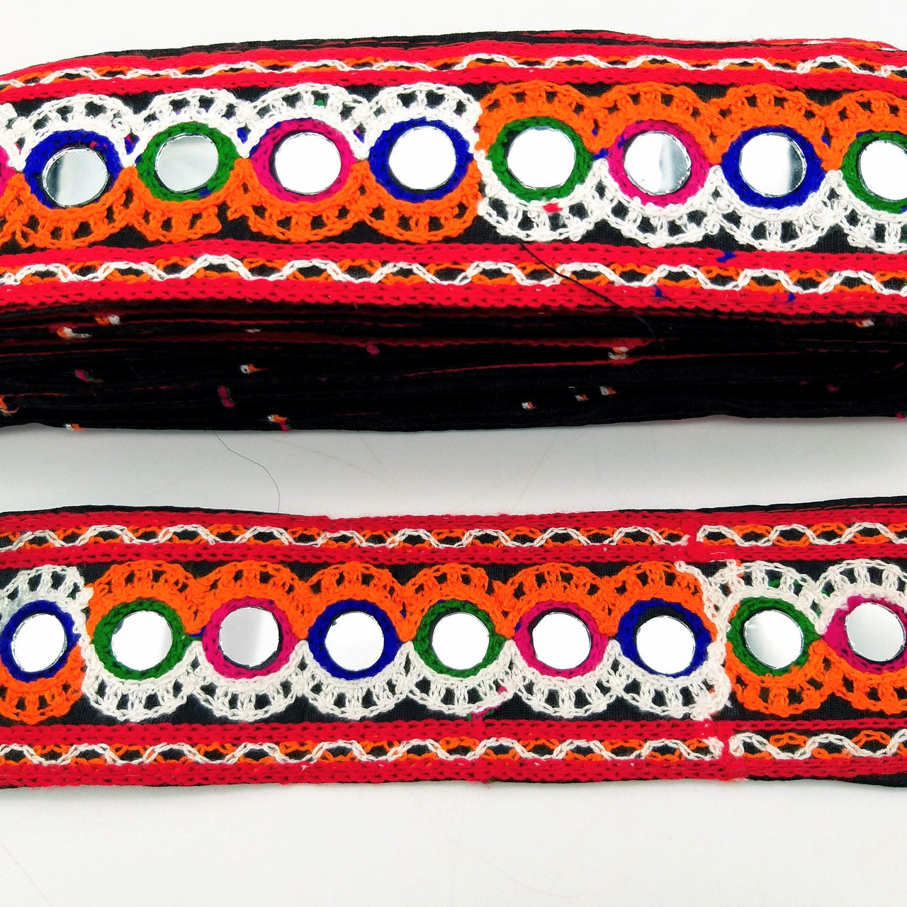 Black Cotton Fabric Trim with Multicolor Embroidery and Real Mirror, Kutch Embroidery Trim, Mirror Lace