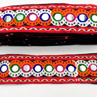 Thumbnail for Black Cotton Fabric Trim with Multicolor Embroidery and Real Mirror, Kutch Embroidery Trim, Mirror Lace