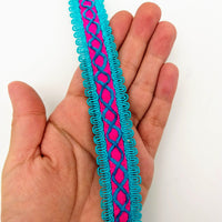 Thumbnail for Fuchsia Pink Cotton Fabric Lace Trim with Blue Thread Embroidery, Trim By 3 Yards, Craft Decorative Ribbon