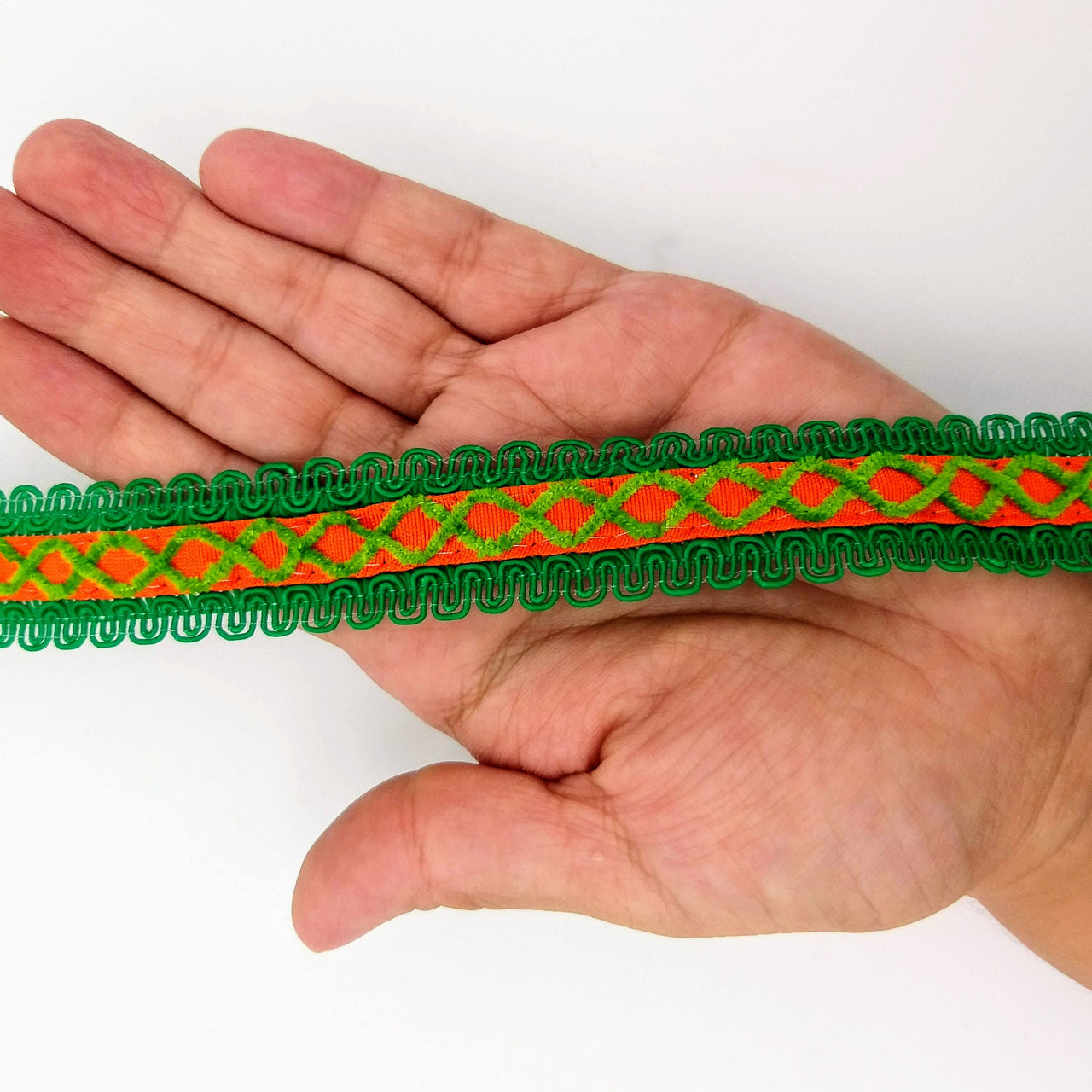 Orange Cotton Fabric Lace Trim with Green Thread Embroidery, Trim By 3 Yards, Craft Decorative Ribbon