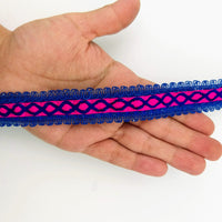 Thumbnail for Fuchsia Pink Cotton Fabric Lace Trim with Royal Blue Thread Embroidery, Trim By 3 Yards, Craft Decorative Ribbon