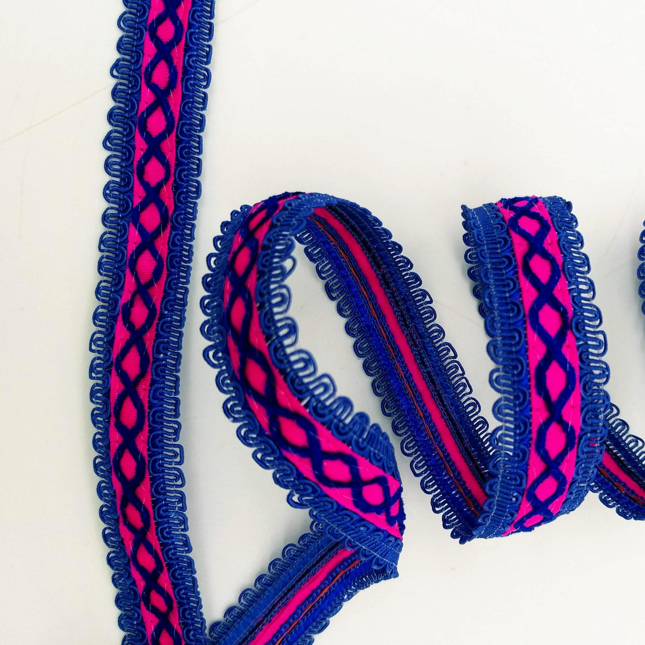 Fuchsia Pink Cotton Fabric Lace Trim with Royal Blue Thread Embroidery, Trim By 3 Yards, Craft Decorative Ribbon
