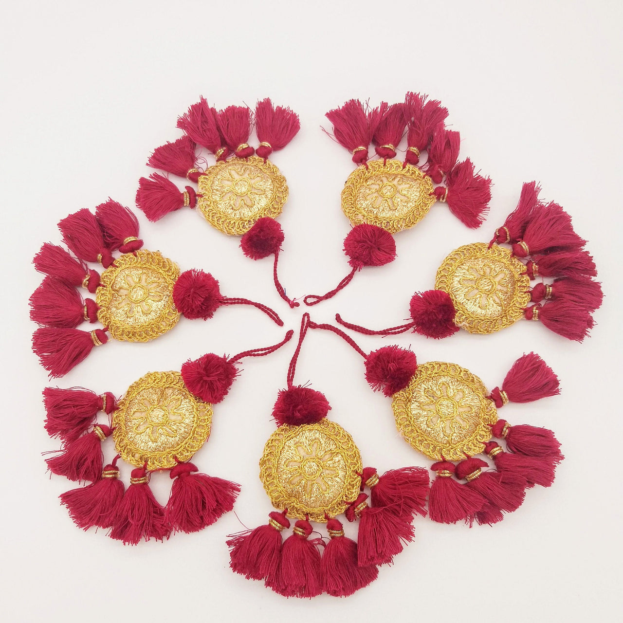 Set of 2 Embroidered Tassels, Maroon Red and Gold Tassels, Indian Tassels
